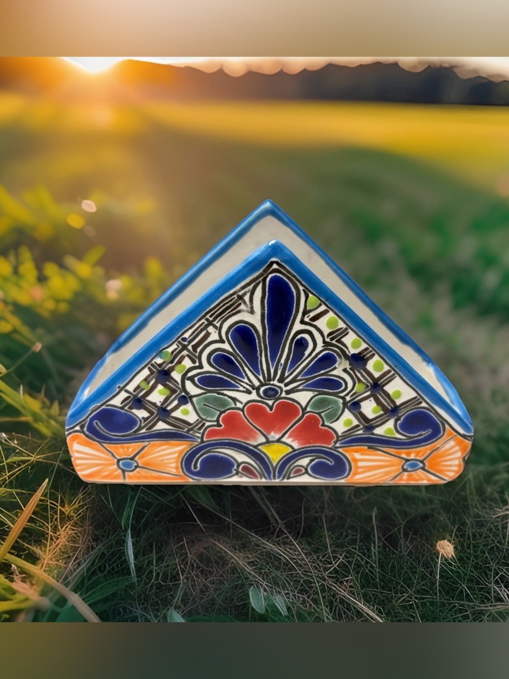 Mexican Talavera Ceramic Napkin Holder Hand Painted Floral Multicolor Lead Free